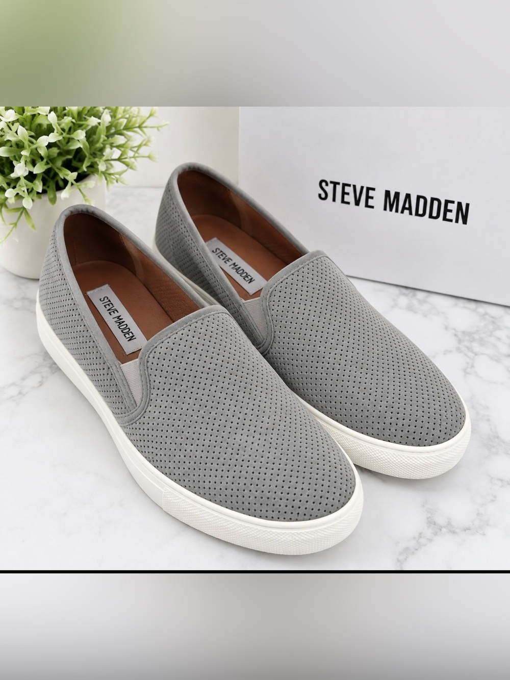 Steve Women’s Madden Gray Perforated Slip-On Sneakers with White Sole Size 10